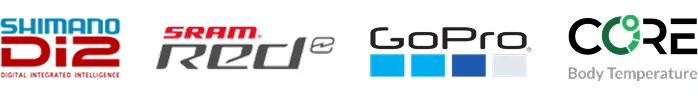 Compatible hardware partner logos including Shimano Di2, SRAM, GoPro, CORE, and TRACKR