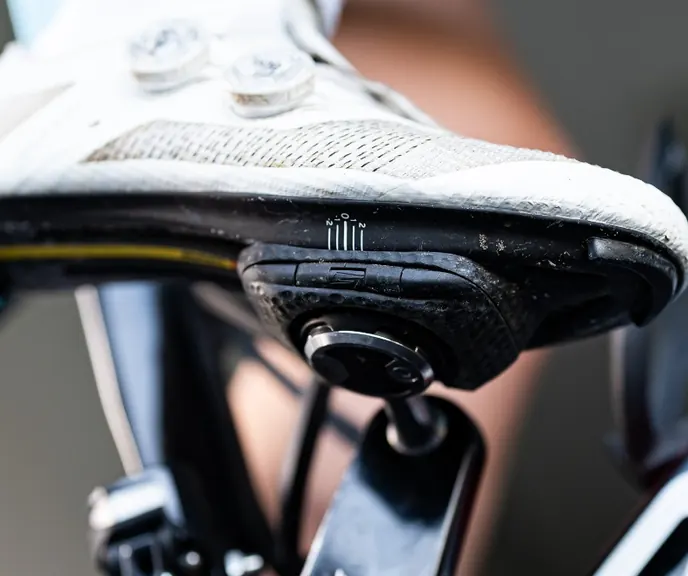 A shoe cleat engaged with a SPEEDPLAY pedal