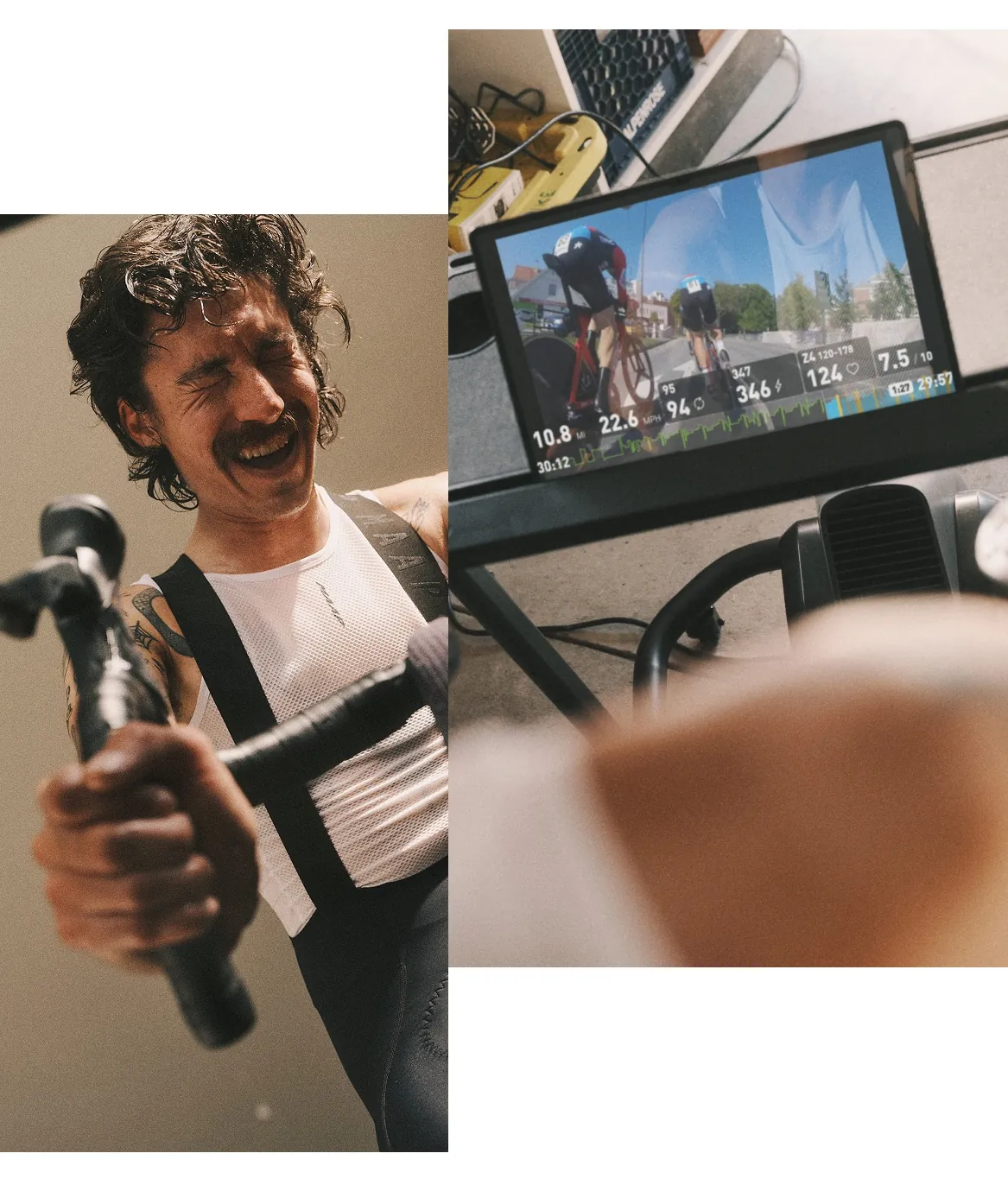 An athlete training hard on an indoor bike trainer beside a screen showing a SYSTM video workout